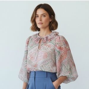 Jeune Otte Lindsey Blouse Ruffle Tie Neck Pink Green Lilac Print Women's Medium